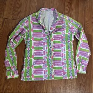 Emilio Pucci Womenโs VTG Colorful Abstract Print Button- Down Shirt Designer